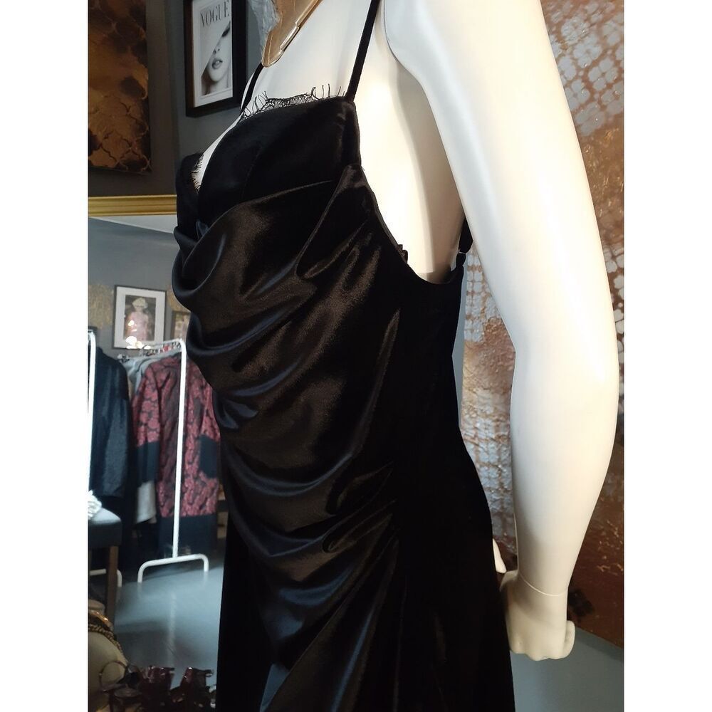 Zara Nwt Black Velvet Asymmetric Slip Dress with Lace Trim - Picture 8 of 16